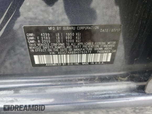 2017 Subaru Impreza с VIN 4S3GTAA65H3752673, выставлен на аукционе Copart как лот 59678985 с пробегом 83 768 миль миль и Чистый • Clean title. История ставок и продаж доступна на DreamBid. Изображение 12.