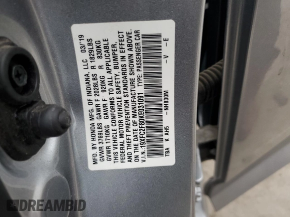 2019 Honda Civic Sport with VIN 19XFC2F80KE031091, listed as a Copart auction lot 54488535 with 68,106 mi miles and Salvage title. Bid and sale history available at DreamBid. Image 12.