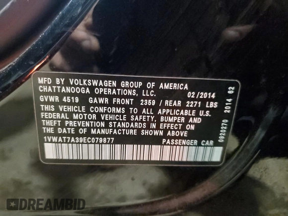 2014 Volkswagen Passat S with VIN 1VWAT7A39EC079877, listed as a Copart auction lot 64718995 with 93,591 mi miles and Salvage title. Bid and sale history available at DreamBid. Image 13.