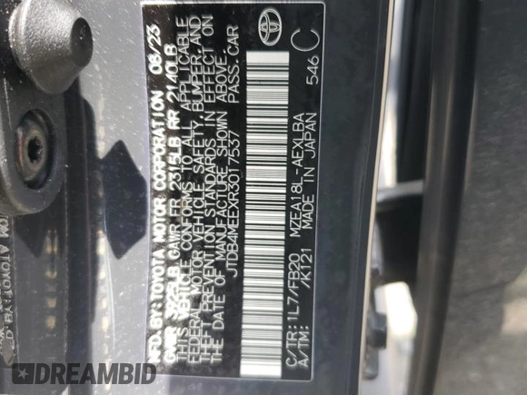 2024 Toyota Corolla LE with VIN JTDB4MEEXR3017537, listed as a Copart auction lot 60832825 with 23,779 mi miles and Salvage title. Bid and sale history available at DreamBid. Image 12.