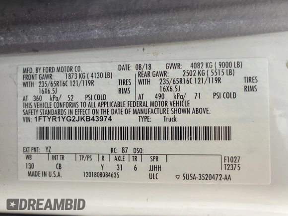 2018 Ford Transit with VIN 1FTYR1YG2JKB43974, listed as a IAAI auction lot 41852638 with 104,713 mi miles and . Bid and sale history available at DreamBid. Image 17.