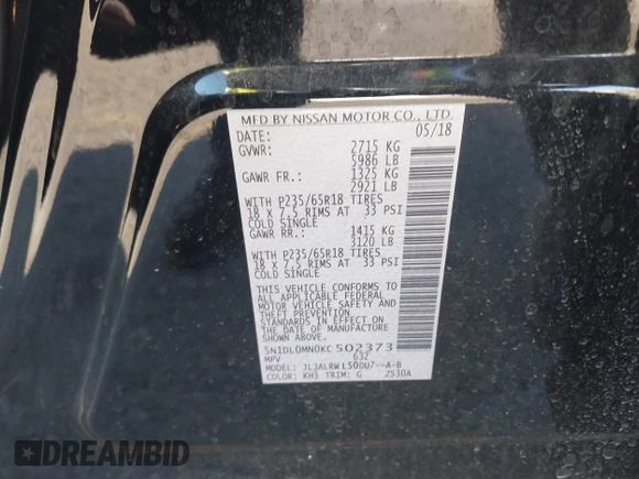 2019 Infiniti QX60 Luxe with VIN 5N1DL0MN0KC502373, listed as a IAAI auction lot 41646327 with 69,250 mi miles and . Bid and sale history available at DreamBid. Image 9.