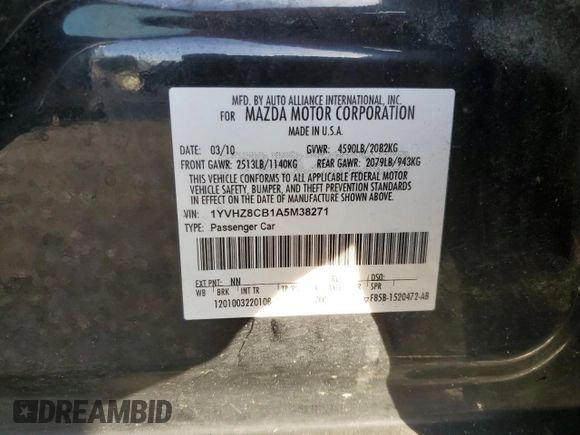 2010 Mazda 6 S Grand Touring with VIN 1YVHZ8CB1A5M38271, listed as a Copart auction lot 89305115 with Not Provided miles and Salvage Title. Bid and sale history available at DreamBid. Image 12.