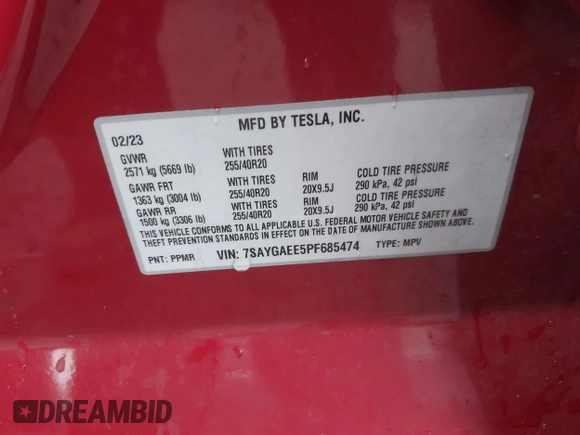 2023 Tesla Model Y Long Range with VIN 7SAYGAEE5PF685474, listed as a IAAI auction lot 40348773 with 26,605 mi miles and . Bid and sale history available at DreamBid. Image 9.