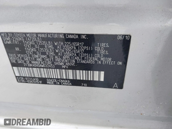 2010 Toyota RAV4 Ltd with VIN 2T3DK4DV0AW032453, listed as a IAAI auction lot 41646598 with 199,172 mi miles. Bid and sale history available at carsss.com. Image 9.