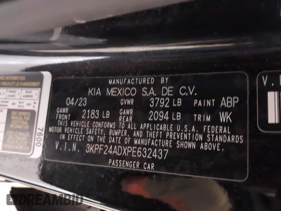 2023 Kia Forte LXS with VIN 3KPF24ADXPE632437, listed as a IAAI auction lot 41780579 with 35,197 mi miles. Bid and sale history available at carsss.com. Image 9.