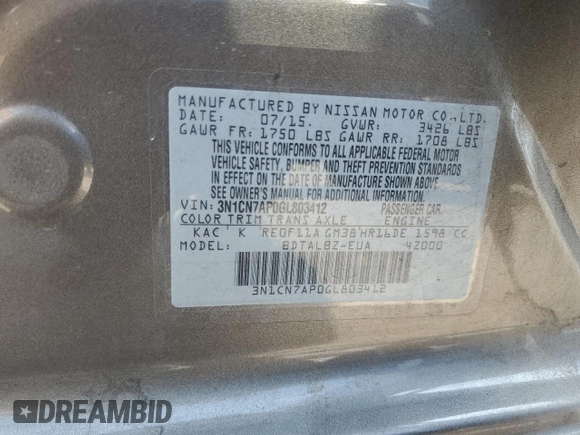 2016 Nissan Versa S with VIN 3N1CN7AP0GL803412, listed as a Copart auction lot 64677645 with 96,788 mi miles and Salvage title. Bid and sale history available at DreamBid. Image 12.