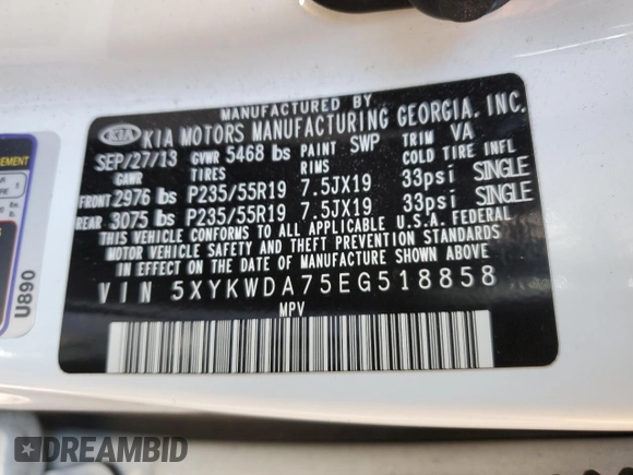 2014 Kia Sorento SX Limited with VIN 5XYKWDA75EG518858, listed as a Copart auction lot 49203055 with 53,396 mi miles and Salvage title. Bid and sale history available at DreamBid. Image 13.