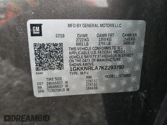 2019 GMC Acadia SLE with VIN 1GKKNRLA7KZ293790, listed as a Copart auction lot 56203925 with 68,729 mi miles and Salvage title. Bid and sale history available at DreamBid. Image 14.