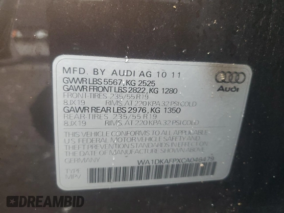 2012 Audi Q5 3.2L Premium Plus with VIN WA1DKAFPXCA046479, listed as a Copart auction lot 51812335 with 199,943 mi miles and Clean Title. Bid and sale history available at carsss.com. Image 13.