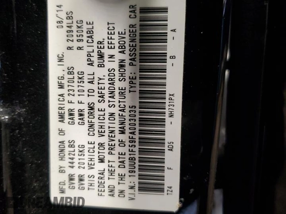2015 Acura TLX Technology with VIN 19UUB1F59FA003035, listed as a Copart auction lot 55828825 with 120,926 mi miles and Salvage title. Bid and sale history available at DreamBid. Image 12.