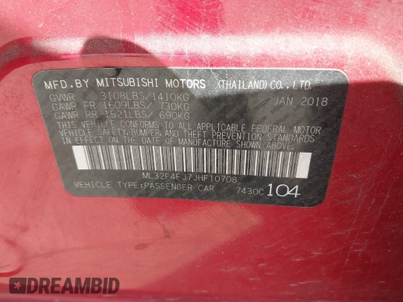 2018 Mitsubishi Mirage G4 SE with VIN ML32F4FJ7JHF10708, listed as a IAAI auction lot 41869431 with 101,112 mi miles. Bid and sale history available at carsss.com. Image 9.