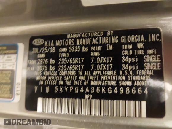 2019 Kia Sorento LX with VIN 5XYPG4A36KG498664, listed as a IAAI auction lot 41609272 with 172,042 mi miles. Bid and sale history available at carsss.com. Image 9.