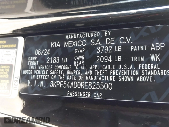 2024 Kia Forte GT-Line with VIN 3KPF54AD0RE825500, listed as a IAAI auction lot 41677601 with 3,532 mi miles. Bid and sale history available at carsss.com. Image 9.