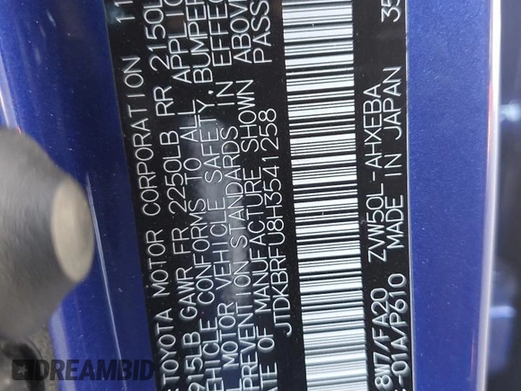 2017 Toyota Prius Two z VIN JTDKBRFU8H3541258, wystawiony jako Copart lot #54109155 z przebiegiem 125 313 mil mil oraz Szkoda całkowita • Salvage title. Historia ofert i sprzedaży dostępna na DreamBid. Obrazek 12.