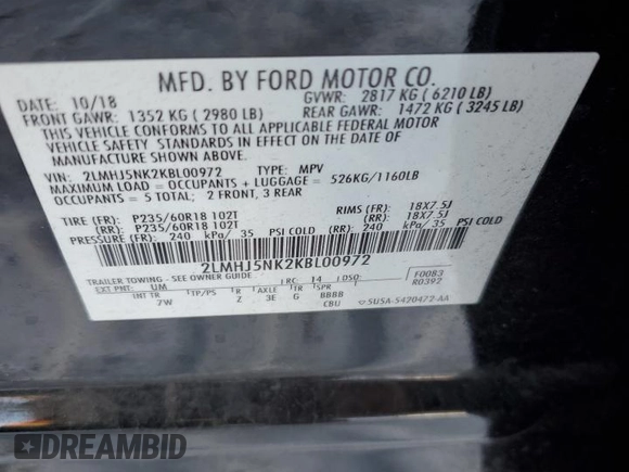 2019 Lincoln MKT with VIN 2LMHJ5NK2KBL00972, listed as a Copart auction lot 85290784 with 309,776 mi miles and Salvage Title. Bid and sale history available at DreamBid. Image 13.
