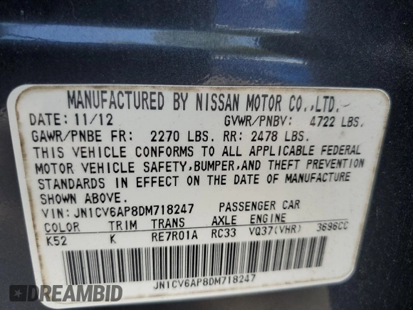 2013 Infiniti G37 Sedan Journey with VIN JN1CV6AP8DM718247, listed as a Copart auction lot 53946955 with 81,897 mi miles and Salvage Title. Bid and sale history available at carsss.com. Image 12.