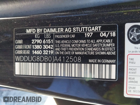 2018 Mercedes-Benz S 560 with VIN WDDUG8DB0JA412508, listed as a IAAI auction lot 41249896 with 79,969 mi miles and . Bid and sale history available at DreamBid. Image 9.