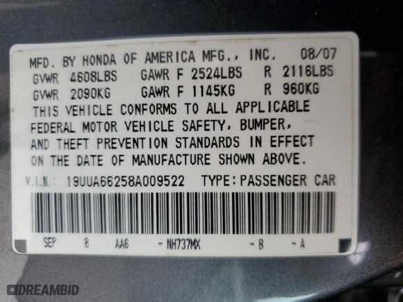 2008 Acura TL with VIN 19UUA66258A009522, listed as a Copart auction lot 51311585 with 68,530 mi miles and Salvage Title. Bid and sale history available at carsss.com. Image 12.