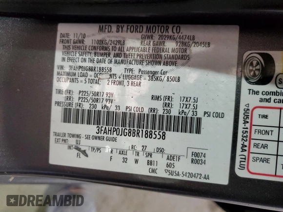 2011 Ford Fusion SEL with VIN 3FAHP0JG8BR188558, listed as a Copart auction lot 84230214 with 133,275 mi miles and Salvage Title. Bid and sale history available at carsss.com. Image 14.