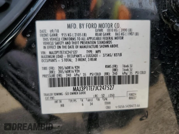 2018 Ford EcoSport SE with VIN MAJ3P1TE7JC247527, listed as a Copart auction lot 50539735 with 87,659 mi miles and Clean title. Bid and sale history available at DreamBid. Image 13.