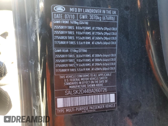2011 Land Rover Range Rover Sport HSE Lux with VIN SALSK2D44BA260726, listed as a Copart auction lot 55039335 with 204,867 mi miles and Non repairable. Bid and sale history available at DreamBid. Image 13.