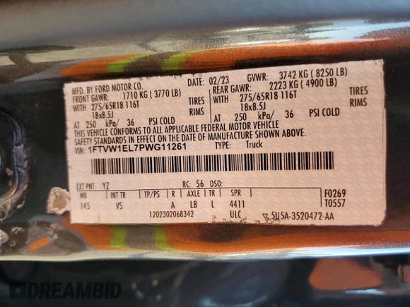 2023 Ford F-150 Lightning Pro with VIN 1FTVW1EL7PWG11261, listed as a Copart auction lot 64088925 with 3,288 mi miles and Salvage title. Bid and sale history available at DreamBid. Image 12.
