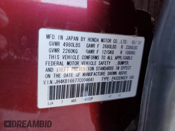2007 Acura RL Technology z VIN JH4KB16677C004641, wystawiony jako Copart lot #59049755 z przebiegiem 176 704 mil mil oraz Szkoda całkowita • Salvage title. Historia ofert i sprzedaży dostępna na DreamBid. Obrazek 12.