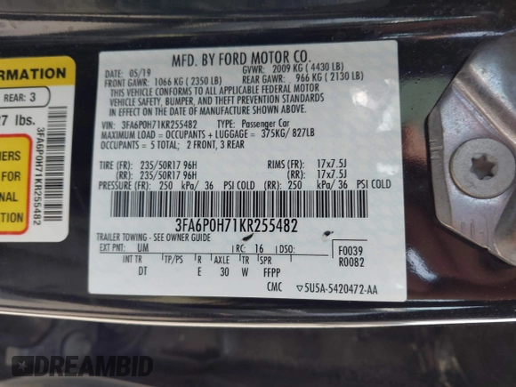 2019 Ford Fusion SE with VIN 3FA6P0H71KR255482, listed as a IAAI auction lot 41890864 with 125,077 mi miles. Bid and sale history available at carsss.com. Image 9.