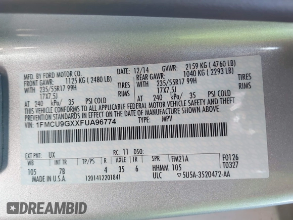 2015 Ford Escape SE with VIN 1FMCU9GXXFUA96774, listed as a IAAI auction lot 42029774 with 78,472 mi miles. Bid and sale history available at carsss.com. Image 9.