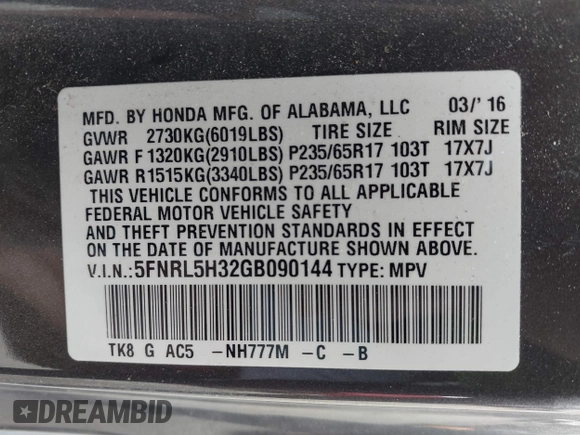 2016 Honda Odyssey SE with VIN 5FNRL5H32GB090144, listed as a IAAI auction lot 42190766 with 40,206 mi miles and . Bid and sale history available at DreamBid. Image 9.
