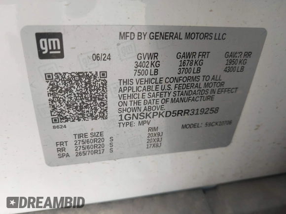 2024 Chevrolet Tahoe Z71 with VIN 1GNSKPKD5RR319258, listed as a IAAI auction lot 42044649 with 18,669 mi miles and . Bid and sale history available at DreamBid. Image 9.
