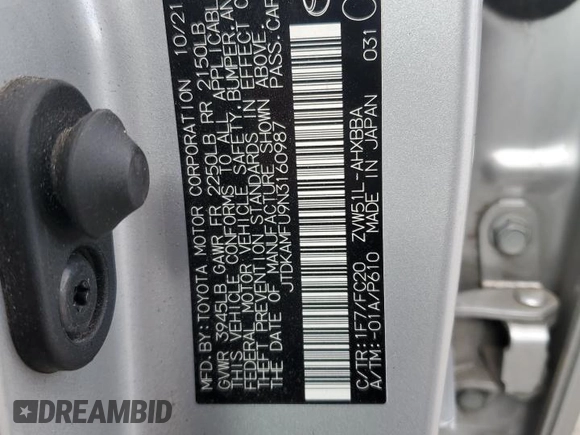 2022 Toyota Prius L Eco with VIN JTDKAMFU9N3160987, listed as a Copart auction lot 47665885 with 154,509 mi miles and Salvage Title. Bid and sale history available at DreamBid. Image 13.
