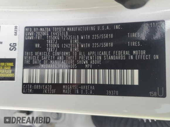 2023 Toyota Corolla Cross XLE with VIN 7MUDAABG3PV044005, listed as a Copart auction lot 54955225 with 50,712 mi miles and Salvage title. Bid and sale history available at DreamBid. Image 13.