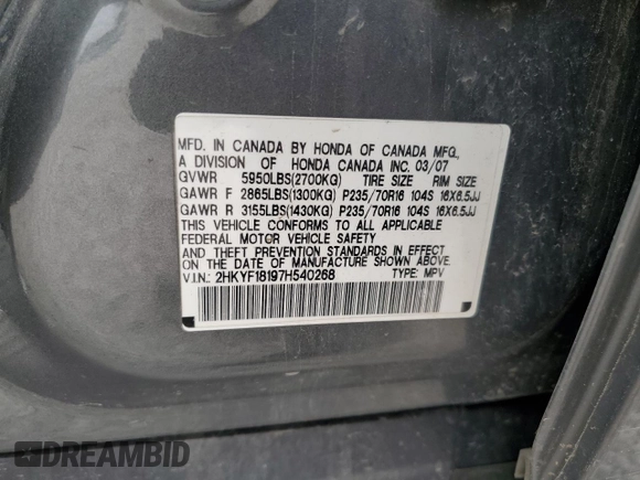 2007 Honda Pilot LX z VIN 2HKYF18197H540268, wystawiony jako Copart lot #59810015 z przebiegiem 201 916 mil mil oraz Szkoda całkowita • Salvage title. Historia ofert i sprzedaży dostępna na DreamBid. Obrazek 13.