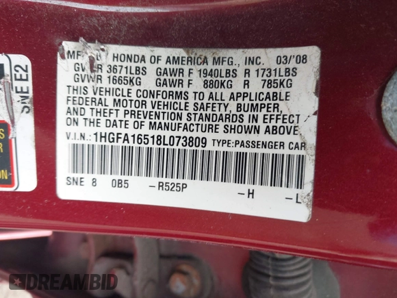 2008 Honda Civic LX with VIN 1HGFA16518L073809, listed as a IAAI auction lot 42176176 with 193,114 mi miles and . Bid and sale history available at DreamBid. Image 9.