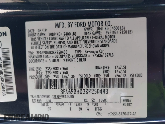 2019 Ford Fusion SE with VIN 3FA6P0HD3KR250483, listed as a IAAI auction lot 41866151 with 115,849 mi miles. Bid and sale history available at carsss.com. Image 9.