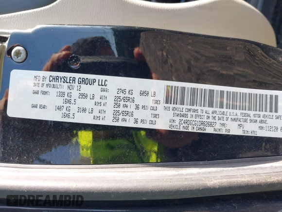 2013 Dodge Grand Caravan SXT with VIN 2C4RDGCG1DR626827, listed as a IAAI auction lot 38984754 with 224,487 mi miles and . Bid and sale history available at DreamBid. Image 9.