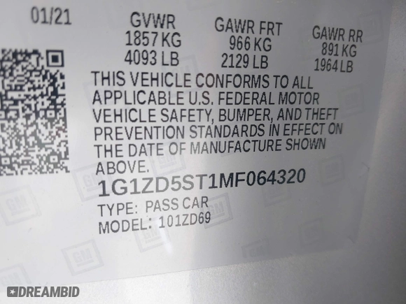 2021 Chevrolet Malibu LT with VIN 1G1ZD5ST1MF064320, listed as a IAAI auction lot 41866613 with 81,220 mi miles. Bid and sale history available at carsss.com. Image 9.