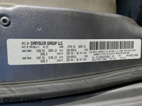 2013 Ram Cargo Van Tradesman with VIN 2C4JRGAG4DR780661, listed as a Copart auction lot 76931934 with 109,219 mi miles and Salvage Title. Bid and sale history available at carsss.com. Image 13.