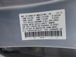2016 Honda Accord Sport with VIN 1HGCR2F52GA176023, listed as a IAAI auction lot 42560781 with 120,430 mi miles and . Bid and sale history available at DreamBid. Image 9.