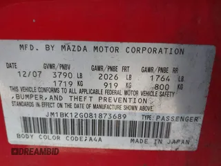 2008 Mazda 3 i Touring with VIN JM1BK12G081873689, listed as a IAAI auction lot 42066023 with 209,280 mi miles and . Bid and sale history available at carsss.com. Image 9.