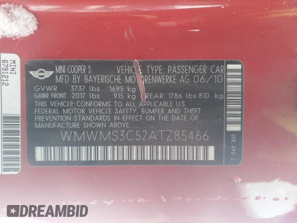2010 MINI Convertible S z VIN WMWMS3C52ATZ85466, wystawiony jako Copart lot #81320914 z przebiegiem 143 183 mil mil oraz Szkoda całkowita • Salvage title. Historia ofert i sprzedaży dostępna na DreamBid. Obrazek 12.
