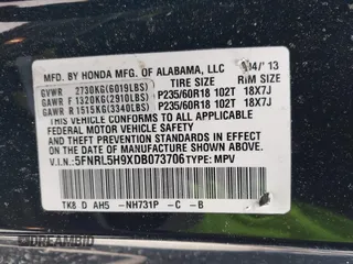 2013 Honda Odyssey Touring with VIN 5FNRL5H9XDB073706, listed as a IAAI auction lot 41591111 with 158,305 mi miles and . Bid and sale history available at carsss.com. Image 9.