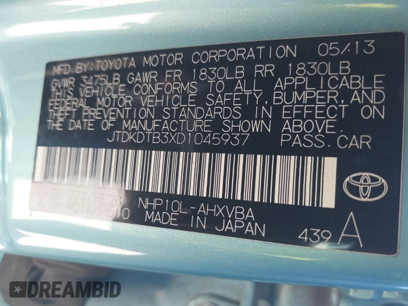 2013 Toyota Prius One z VIN JTDKDTB3XD1045937, wystawiony jako IAAI lot #41862939 z przebiegiem 144 947 mil mil oraz . Historia ofert i sprzedaży dostępna na DreamBid. Obrazek 9.