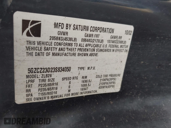 2003 Saturn VUE with VIN 5GZCZ23D23S834050, listed as a IAAI auction lot 41863117 with Not Provided miles and . Bid and sale history available at DreamBid. Image 9.
