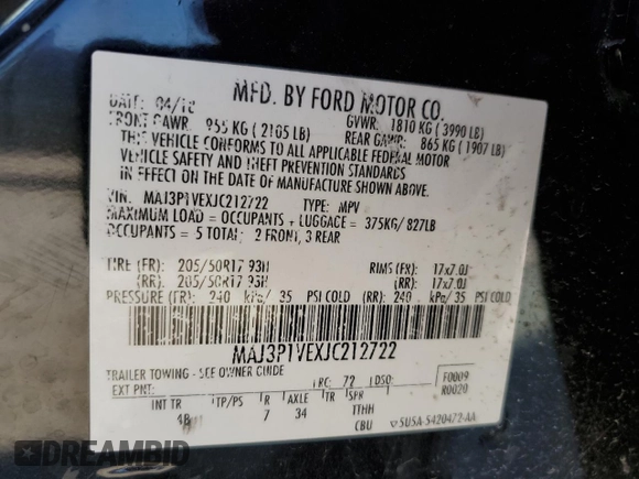 2018 Ford EcoSport Titanium z VIN MAJ3P1VEXJC212722, wystawiony jako Copart lot #48796765 z przebiegiem 119 452 mil mil oraz Szkoda całkowita • Salvage title. Historia ofert i sprzedaży dostępna na DreamBid. Obrazek 15.
