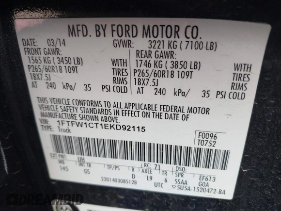 2014 Ford F-150 XL с VIN 1FTFW1CT1EKD92115, выставлен на аукционе IAAI как лот 42139743 с пробегом 184 435 миль миль и . История ставок и продаж доступна на DreamBid. Изображение 9.