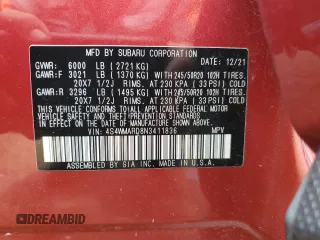 2022 Subaru Ascent Touring с VIN 4S4WMARD8N3411836, выставлен на аукционе Copart как лот 55845385 с пробегом 83 068 миль миль и Списание • Salvage title. История ставок и продаж доступна на DreamBid. Изображение 14.