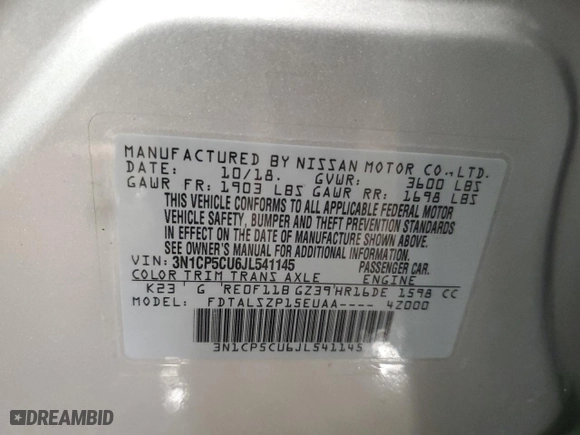 2018 Nissan Kicks SR with VIN 3N1CP5CU6JL541145, listed as a Copart auction lot 48081725 with 43,828 mi miles and Clean Title. Bid and sale history available at carsss.com. Image 13.